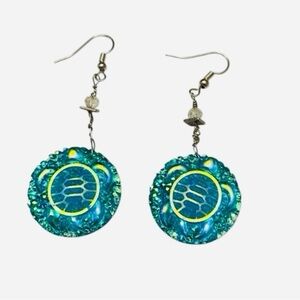Iridescent Sea Turtle Blue and Silver Beaded
Dangle Earrings